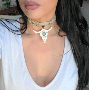 Cow skull handmade leather choker
